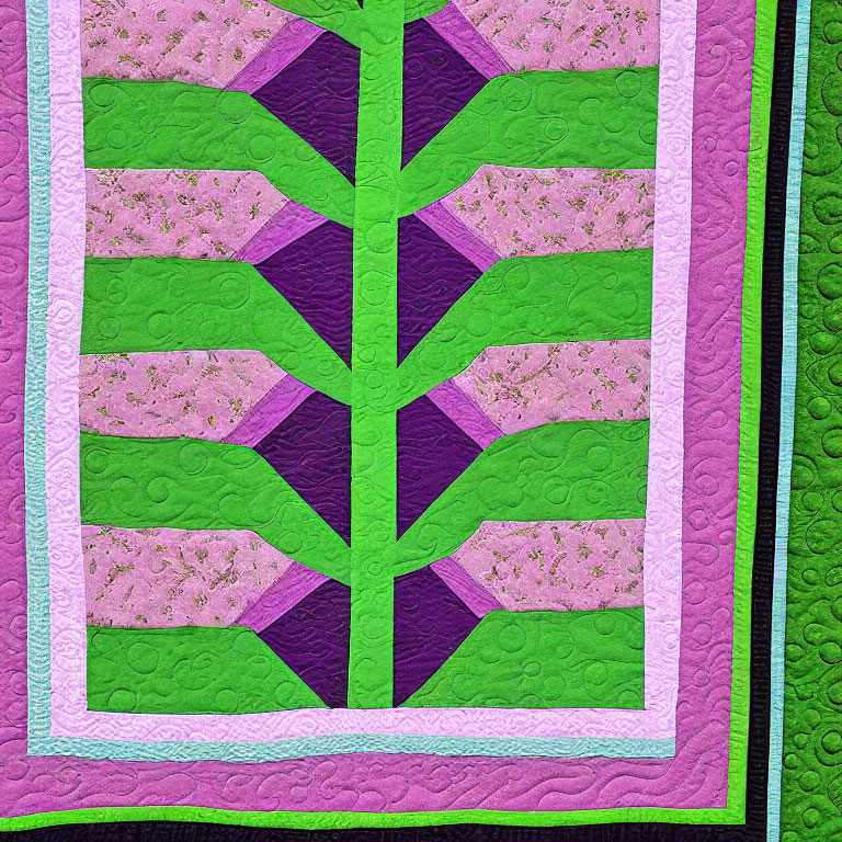 Geometric tree pattern quilt in green and purple hues with multilayered borders