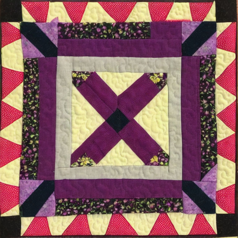 Purple Cross Quilt Block with Patterned Borders in Shades of Purple, Red, and Cream