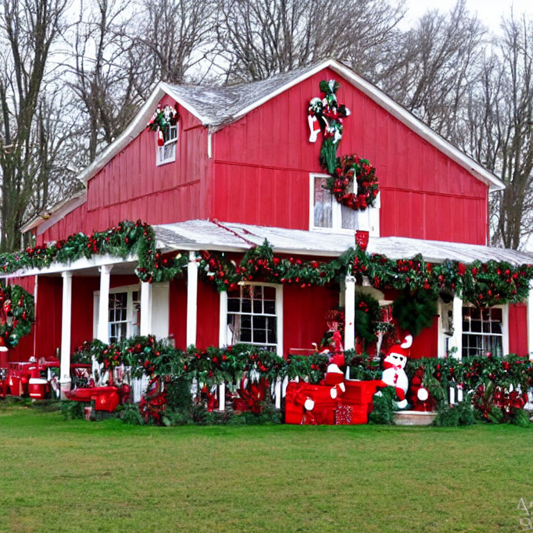 Red Barn with Festive Christmas Decorations and Inflatable Snowman