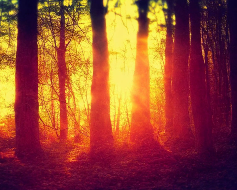 Dense forest with sunlight filtering through tall trees