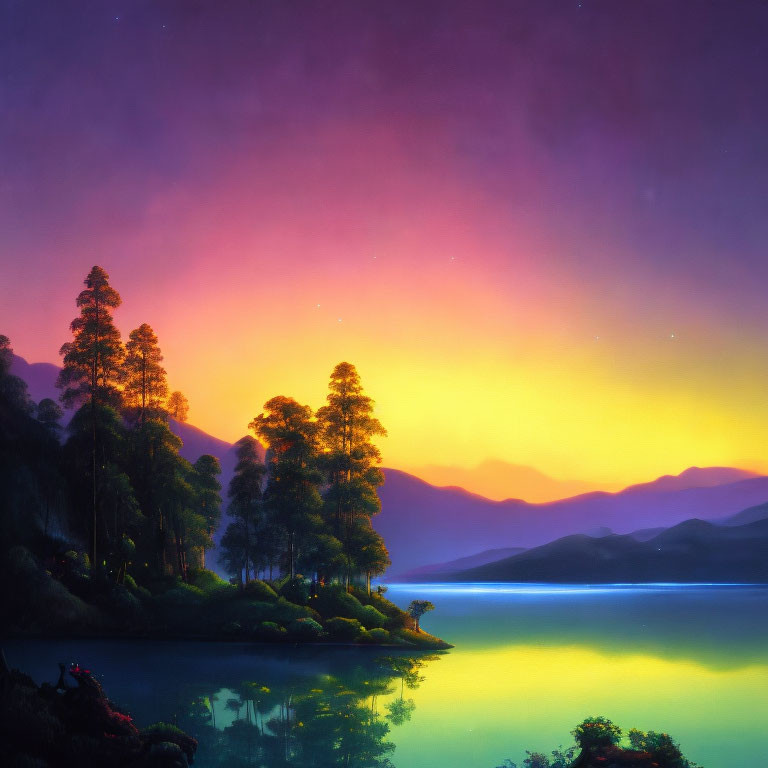 Twilight lakeside scene with purple and yellow sky gradients, silhouetted trees, and calm