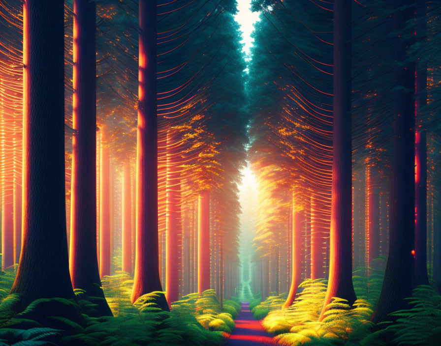 Enchanting forest scene with tall trees and glowing path