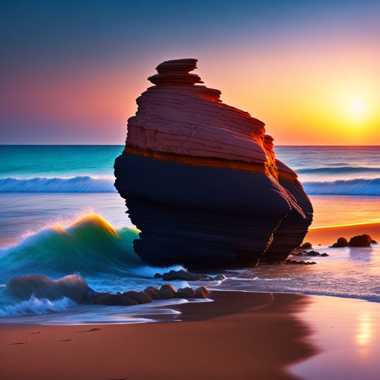 Solitary layered rock on sandy beach under vibrant sunset sky