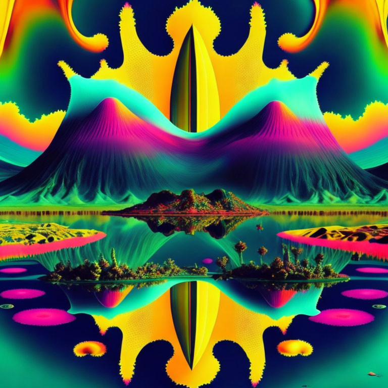 Colorful Psychedelic Mountain Landscape Artwork with Abstract Shapes