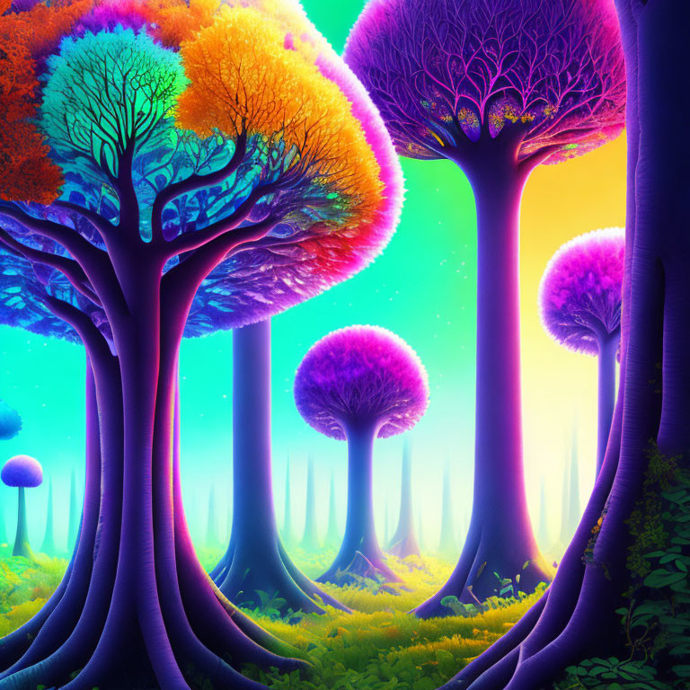 Colorful oversized trees in vibrant forest scene