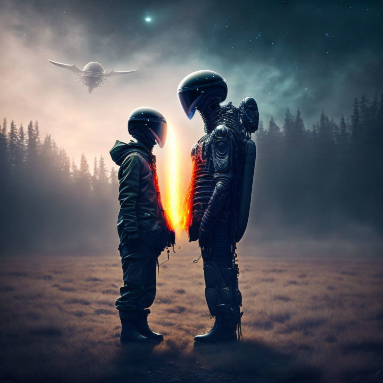 Child in astronaut suit with robot on misty terrain, spaceship and starry sky.