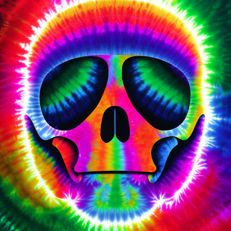 Colorful Tie-Dye Background with Stylized Skull Design