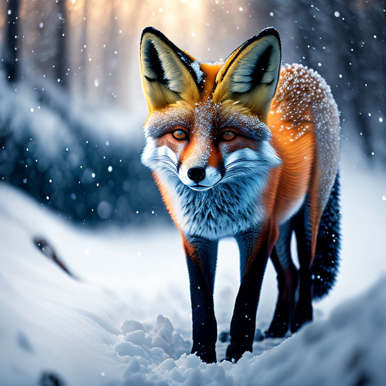 Red fox in snowy forest with falling snowflakes gazes ahead