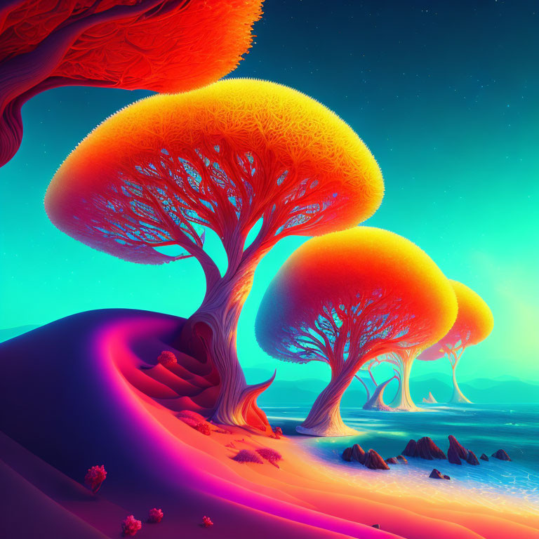 Surreal landscape with glowing orange trees and teal sky