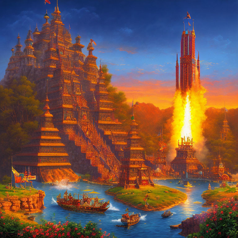 Fantastical sunset scene with ornate structures, river, boats, and fiery spire