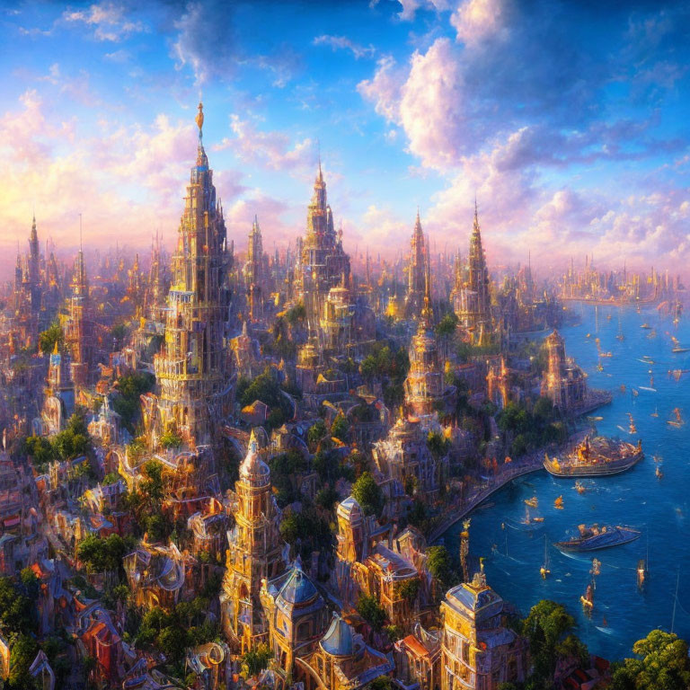 Fantasy cityscape with golden spires, intricate architecture, waterways, ships, warmly lit sky