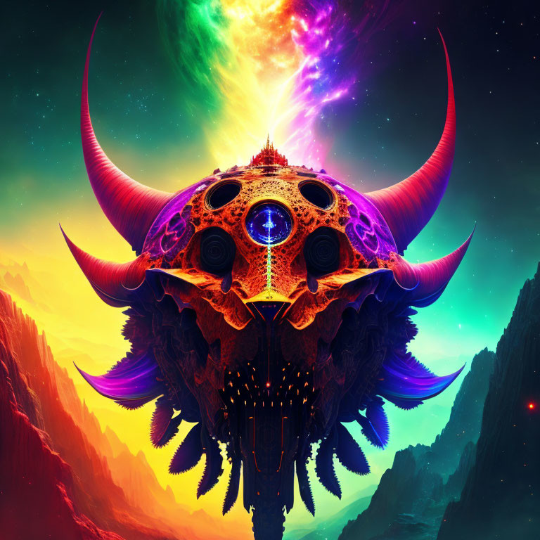 Colorful Skull with Horns Over Mountainous Landscape and Nebula