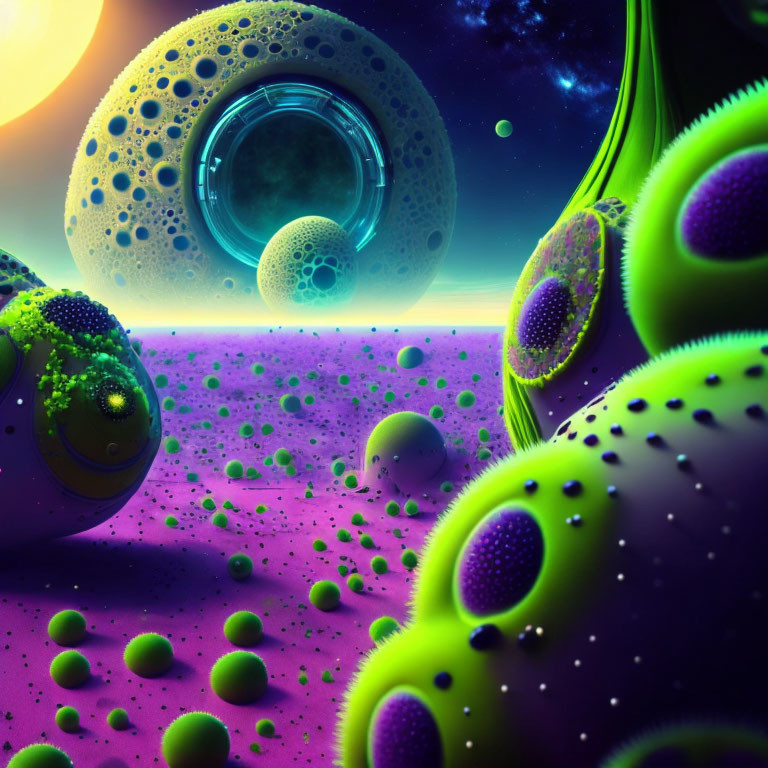 Colorful alien landscape with spherical structures and crater-like surfaces under a starry sky.