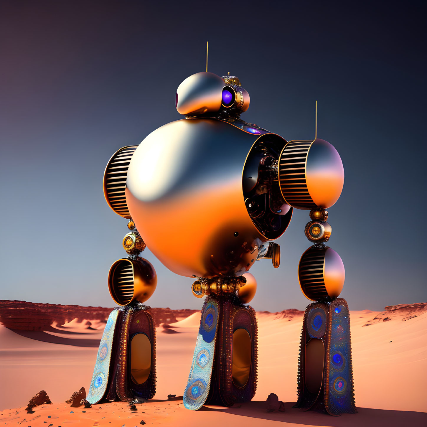 Futuristic metallic robot with intricate patterns in desert landscape