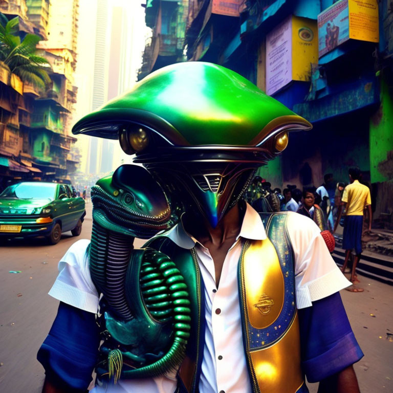 Alien mask and costume in urban setting on busy street