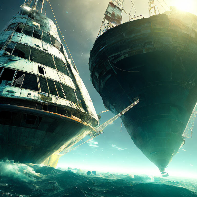 Derelict ships collide in turbulent ocean waves