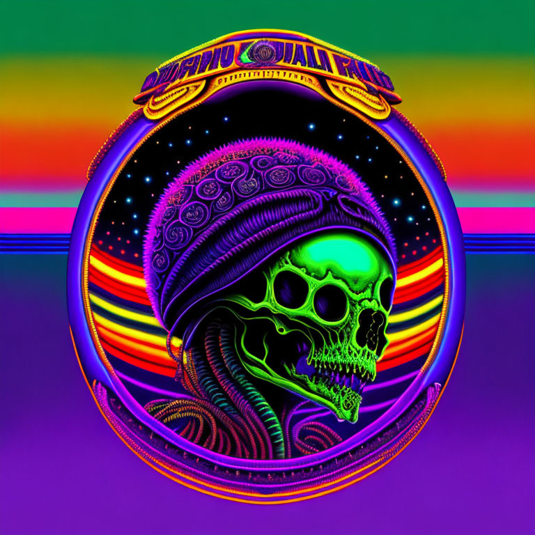 Colorful psychedelic artwork featuring neon green skull on swirling background with ornate border.