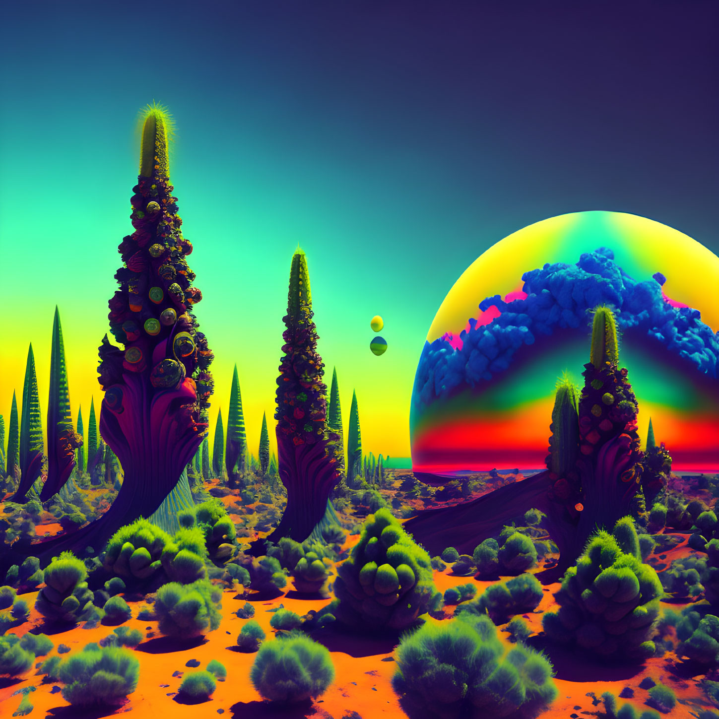 Vibrant flora in surreal alien landscape with colorful planet and two moons