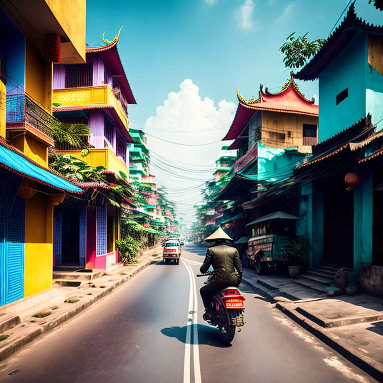 Motorcyclist riding past colorful Asian-style buildings under clear blue sky