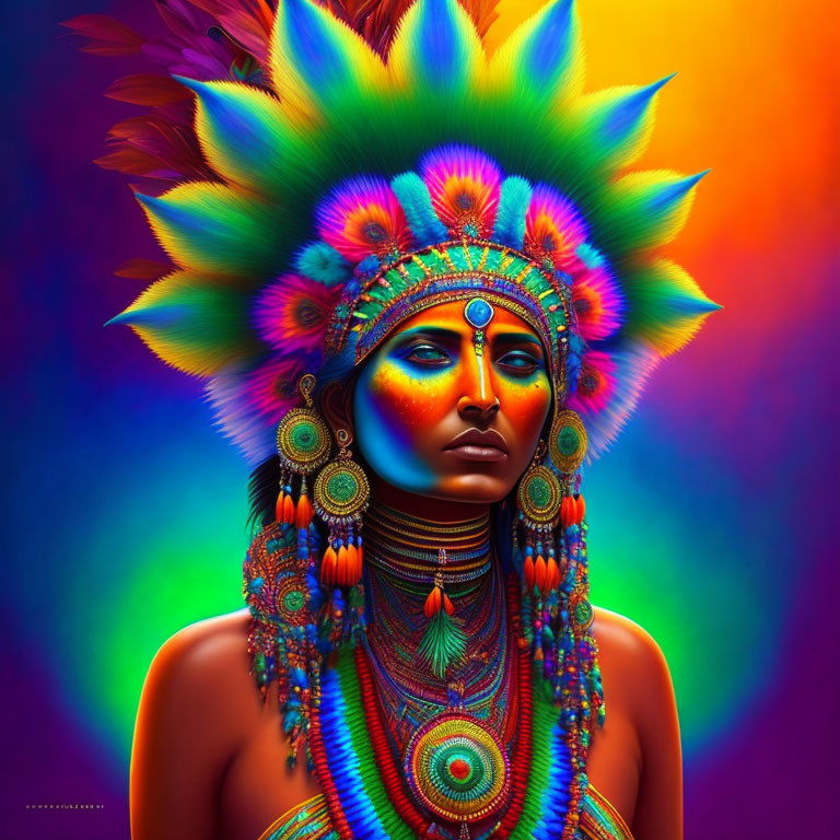 Colorful Portrait with Elaborate Headdress on Rainbow Background