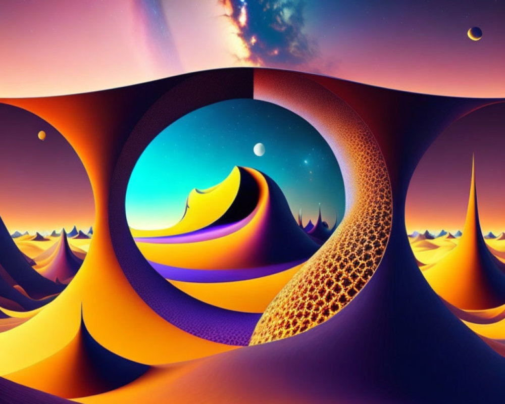 Vibrant surreal landscape with abstract shapes and cosmic elements