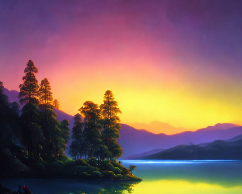 Twilight lakeside scene with purple and yellow sky gradients, silhouetted trees, and calm