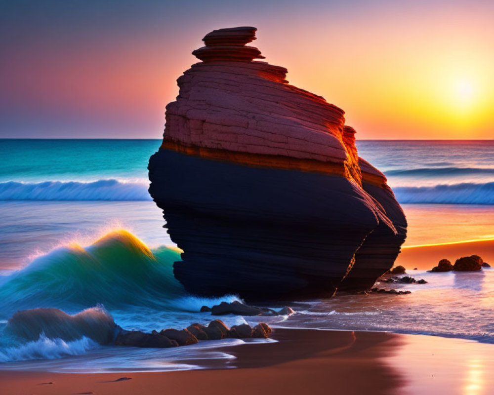 Solitary layered rock on sandy beach under vibrant sunset sky