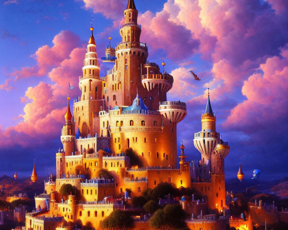 Enchanting castle illustration at twilight with illuminated windows