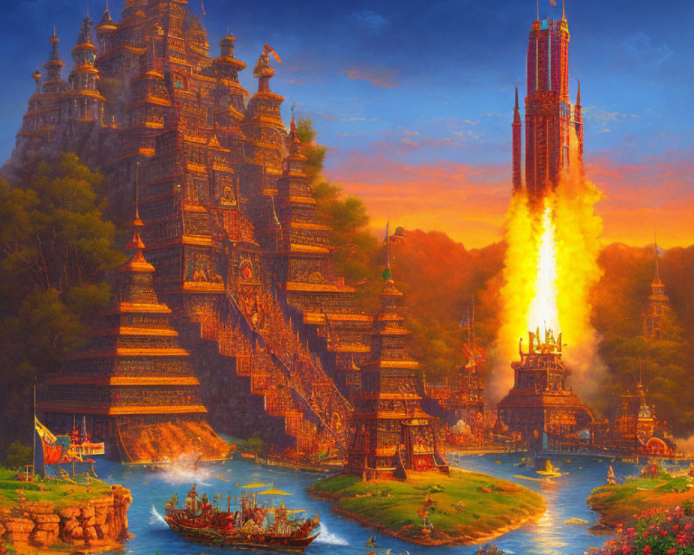 Fantastical sunset scene with ornate structures, river, boats, and fiery spire