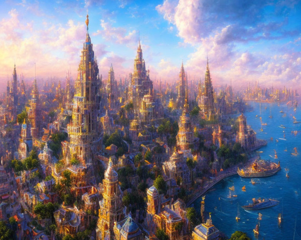 Fantasy cityscape with golden spires, intricate architecture, waterways, ships, warmly lit sky