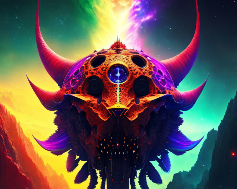 Colorful Skull with Horns Over Mountainous Landscape and Nebula