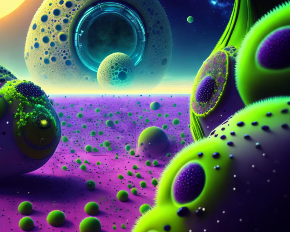 Colorful alien landscape with spherical structures and crater-like surfaces under a starry sky.