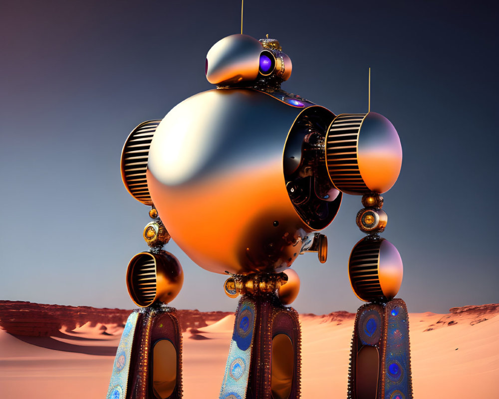 Futuristic metallic robot with intricate patterns in desert landscape