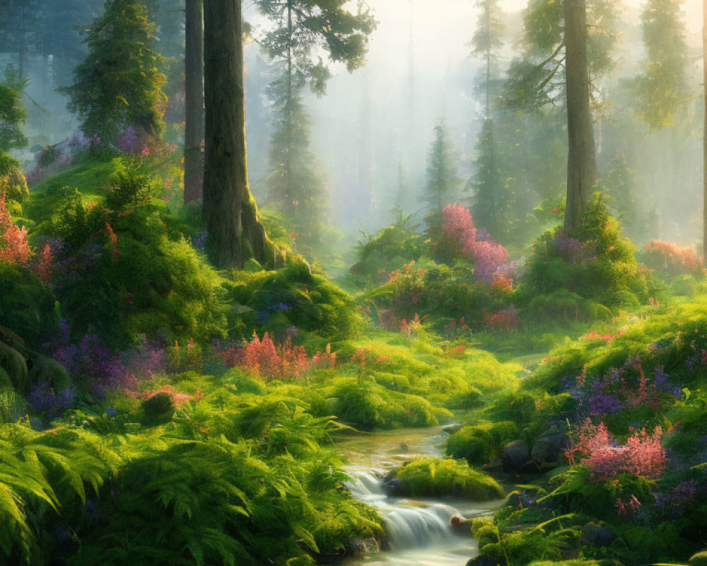 Tranquil forest stream with lush greenery and pink flowers