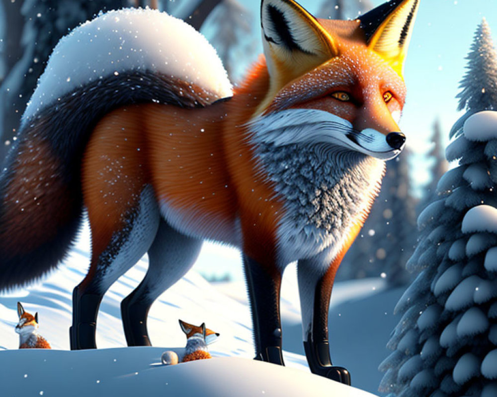 Detailed Winter Forest Scene with Large and Miniature Foxes in Snowy Setting