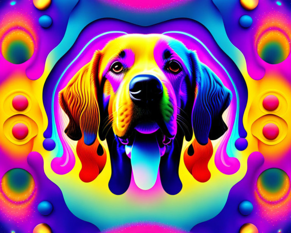 Colorful Psychedelic Dog Face Artwork with Abstract Background