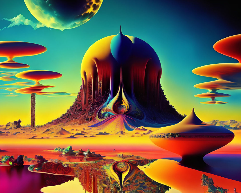 Surreal landscape with floating islands and bright colors