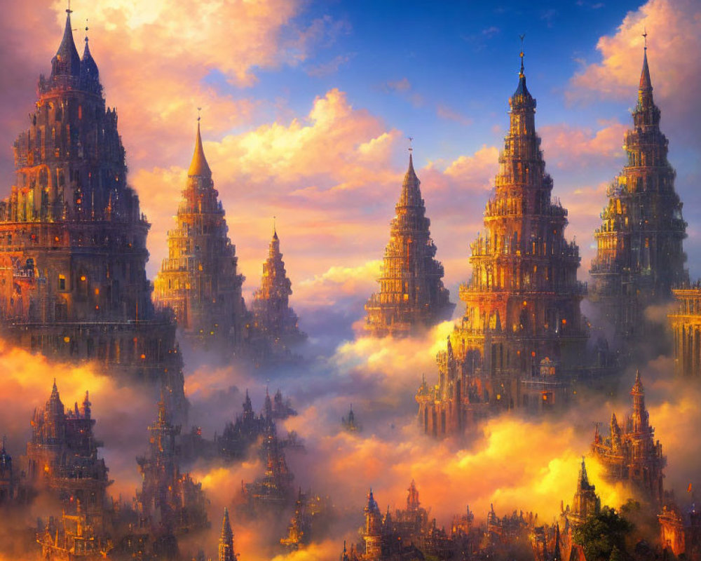 Fantastical landscape with towering ornate spires in golden light