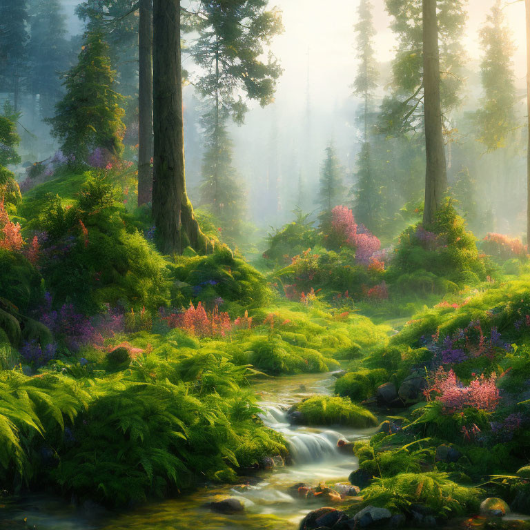 Tranquil forest stream with lush greenery and pink flowers