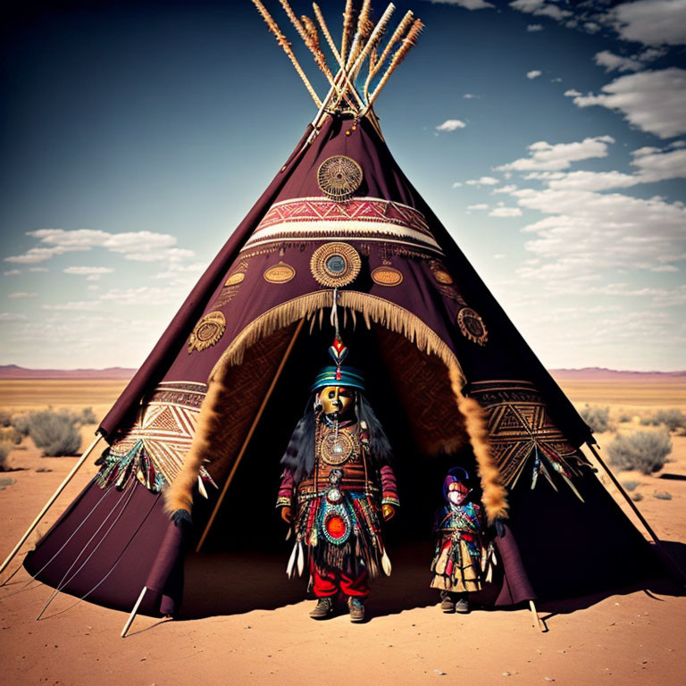 Traditional Teepee with Native Americans in Desert Landscape