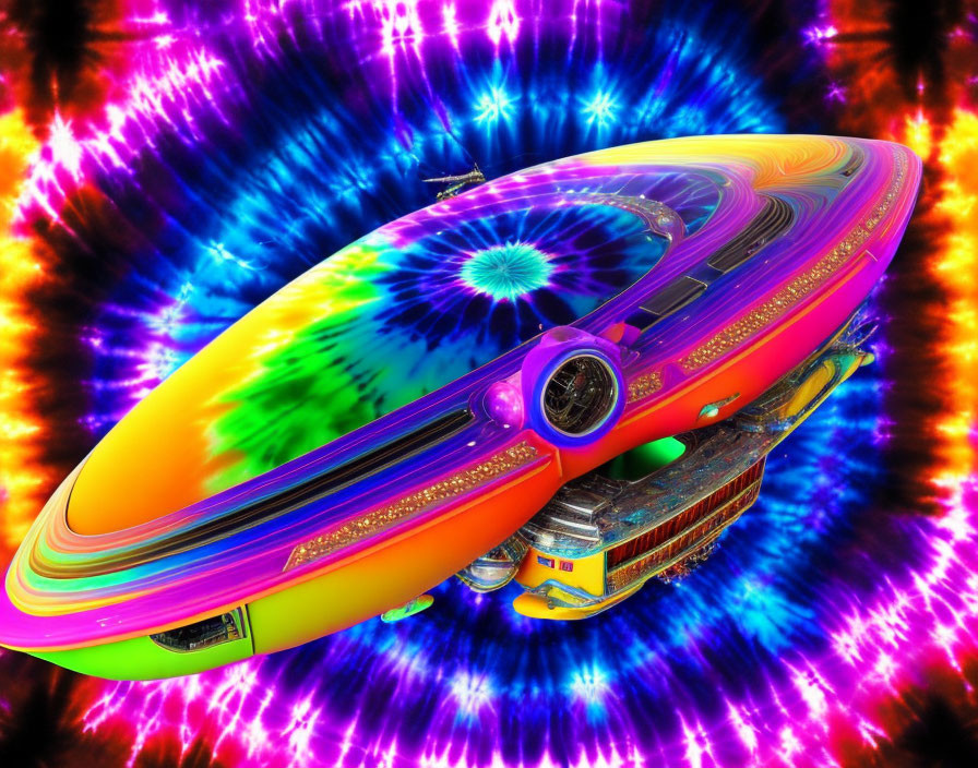 Colorful Psychedelic UFO Flying Amid Fractal Light Explosions