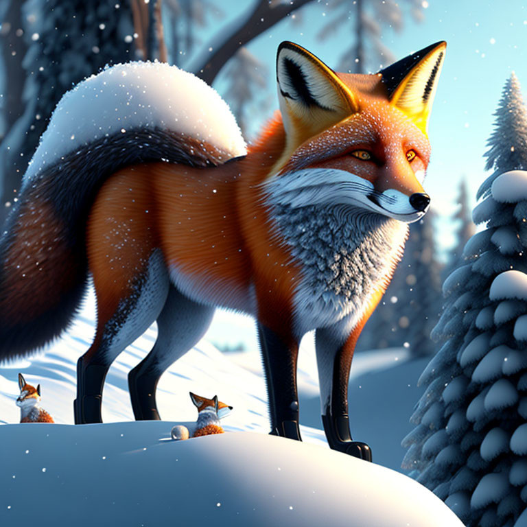 Detailed Winter Forest Scene with Large and Miniature Foxes in Snowy Setting