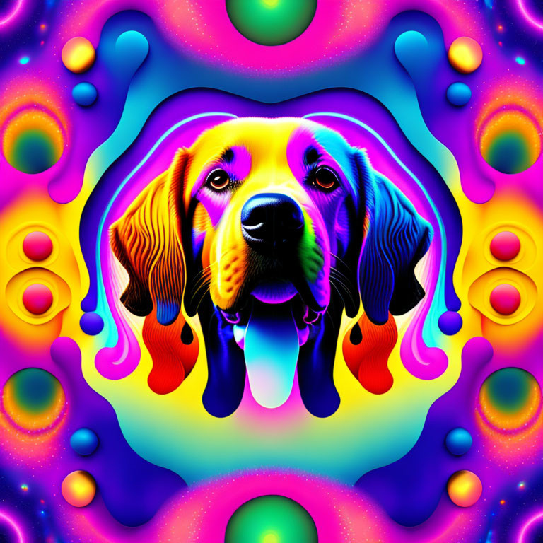 Colorful Psychedelic Dog Face Artwork with Abstract Background