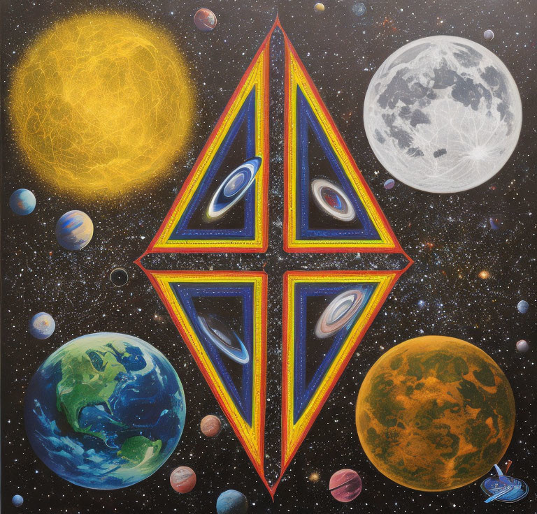 Colorful Cosmic Painting with Planets, Sun, Moon, and Geometric Shape