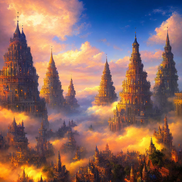 Fantastical landscape with towering ornate spires in golden light