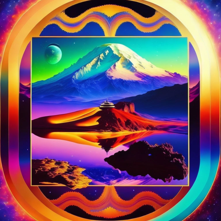 Colorful Psychedelic Mountain Artwork with Spaceship and Rainbow Halos