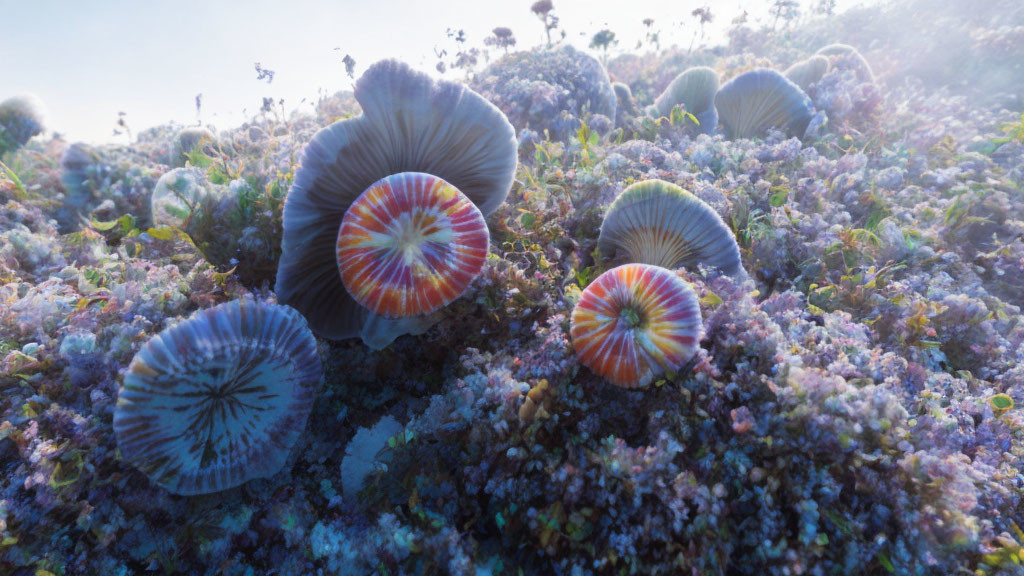 Colorful Mushroom-Like Growth in Dreamy Landscape