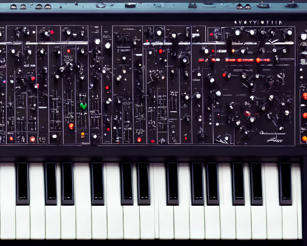 Detailed Image of Synthesizer with Knobs, Switches, and Keyboard