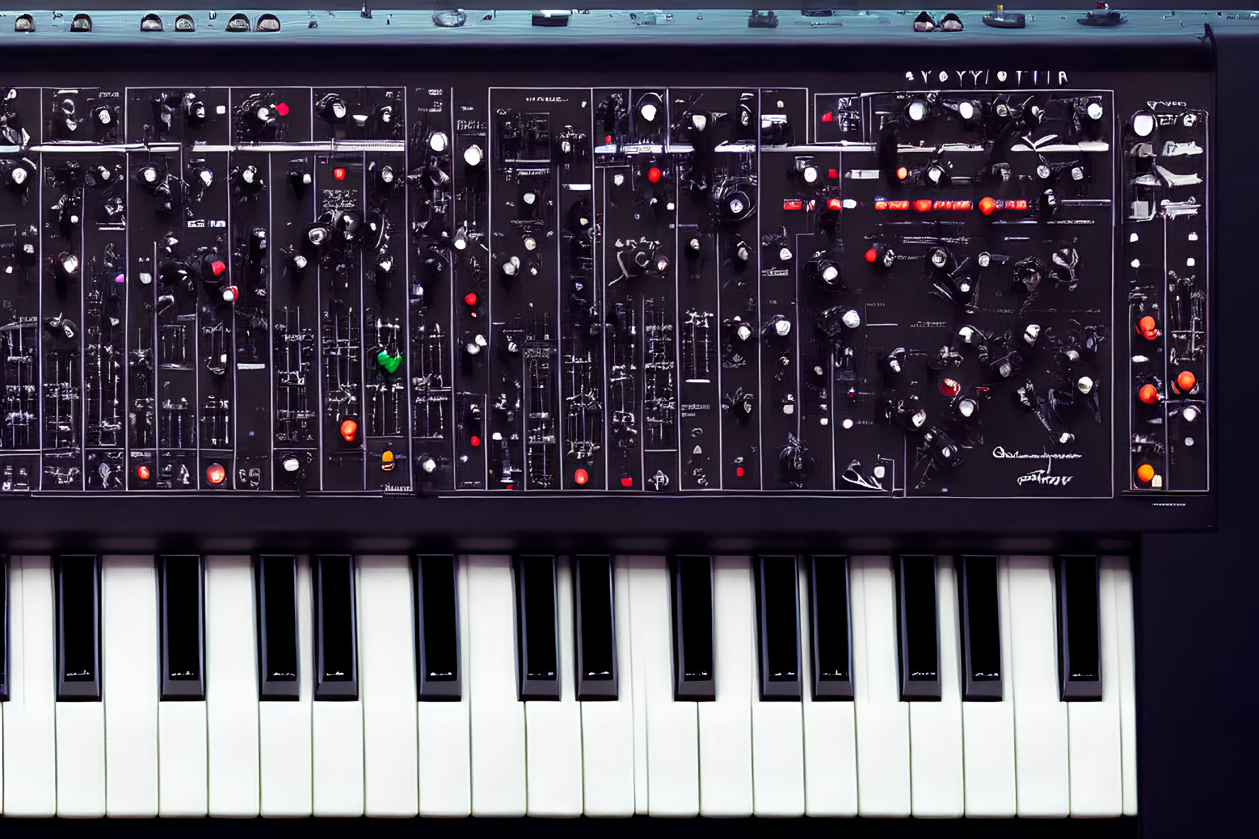 Detailed Image of Synthesizer with Knobs, Switches, and Keyboard