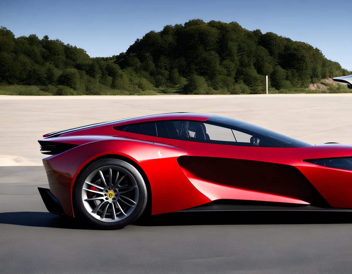 Luxury red sports car with sleek design, large rims, and aerodynamic features parked on tarmac